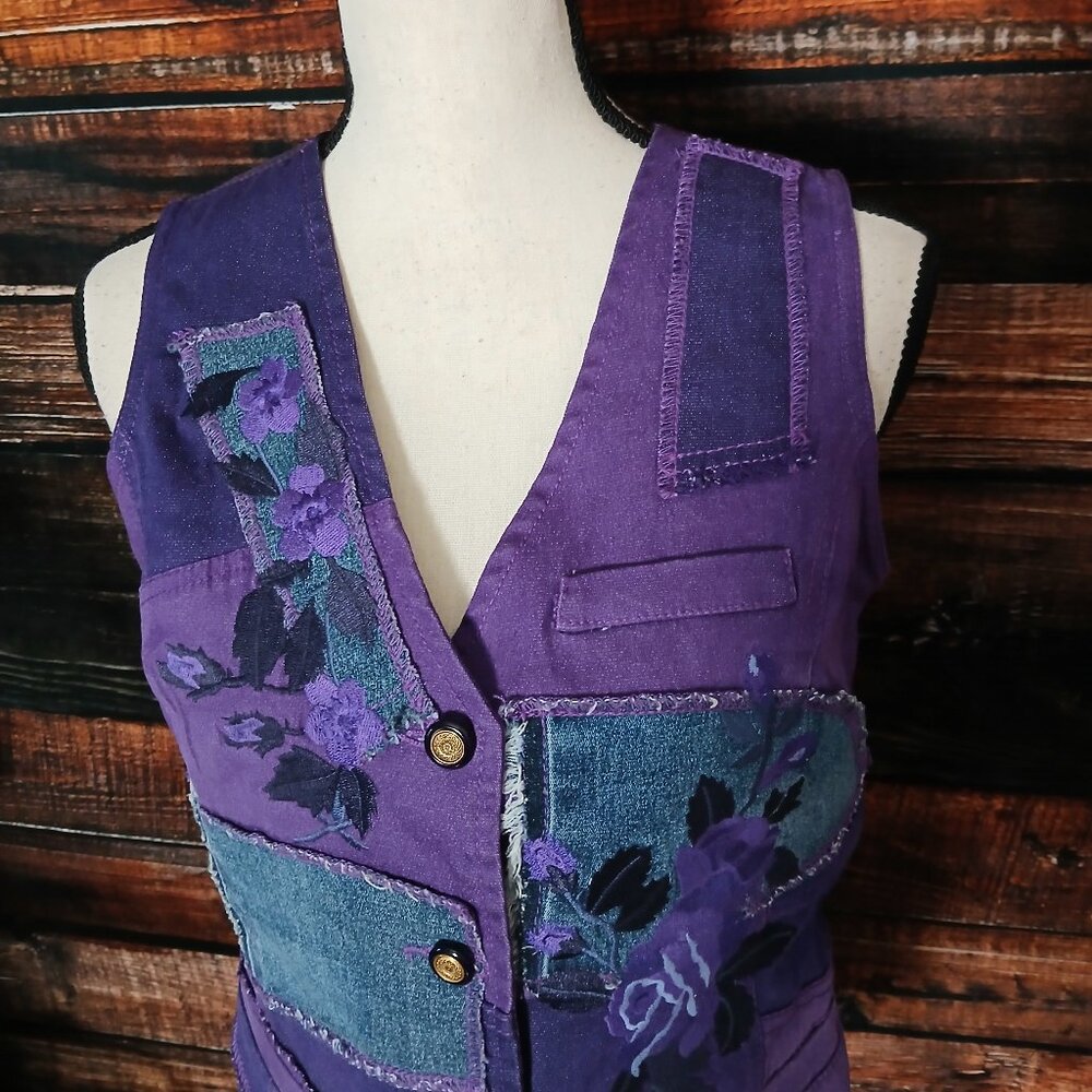 DG2 Diane Gilman Denim Vest M Purple Patchwork Embroidered - Picture 3 of 11